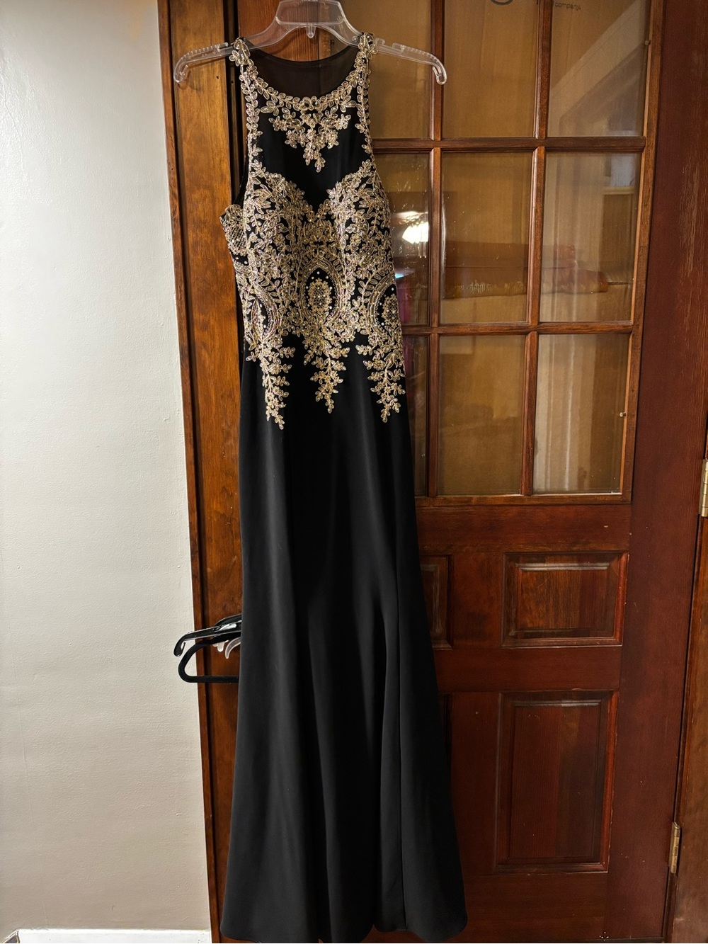 Black Evening Gown with Gold Appliqué for Prom, Wedding evening Sz 8-10